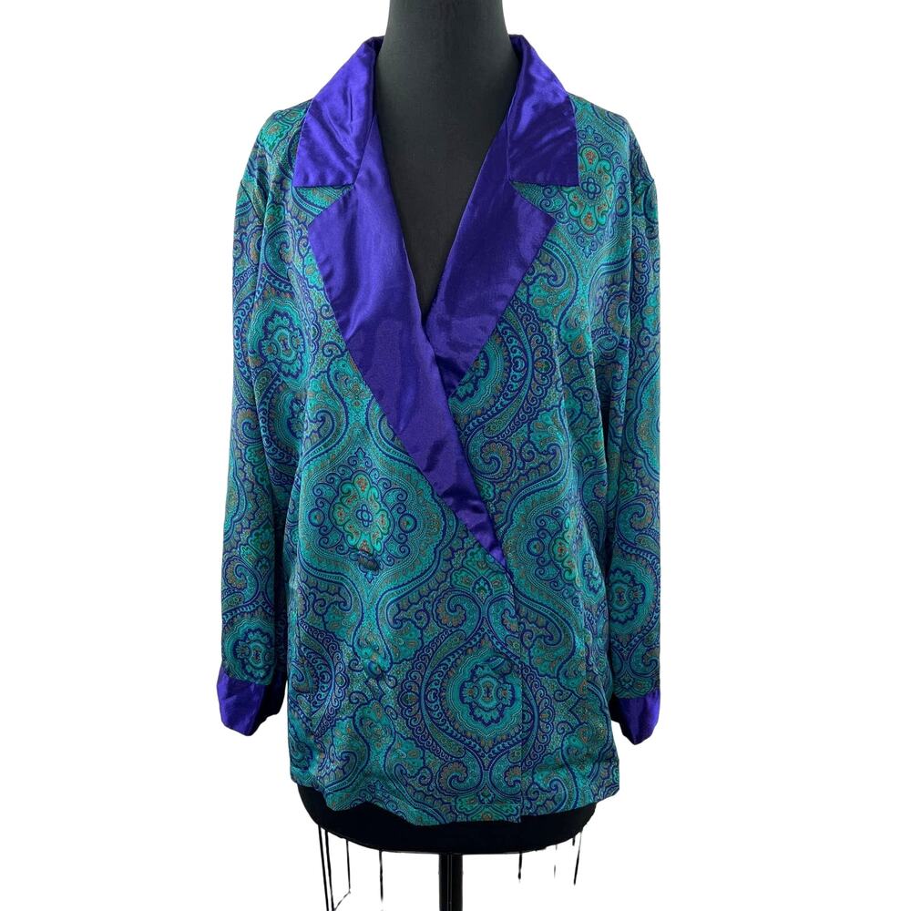 VINTAGE Victoria Secret Green Blue Pajama Top Paisley Notch Lapel Long Sleeve L